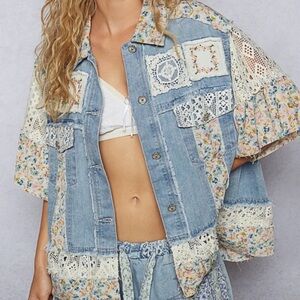POL Floral Crochet Patchwork Denim Jacket size Medium Cottagecore Top